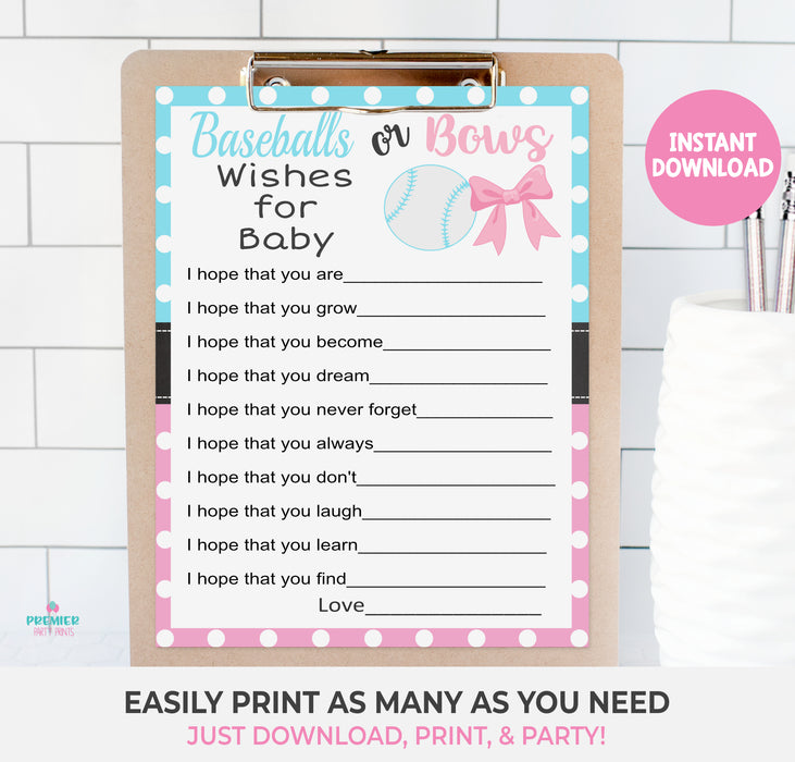 Printable Baseballs or Bows Wishes for Baby Gender Reveal Game